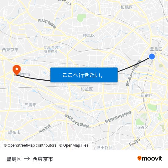 豊島区 to 西東京市 map