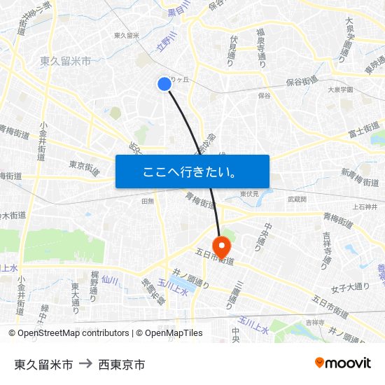 東久留米市 to 西東京市 map