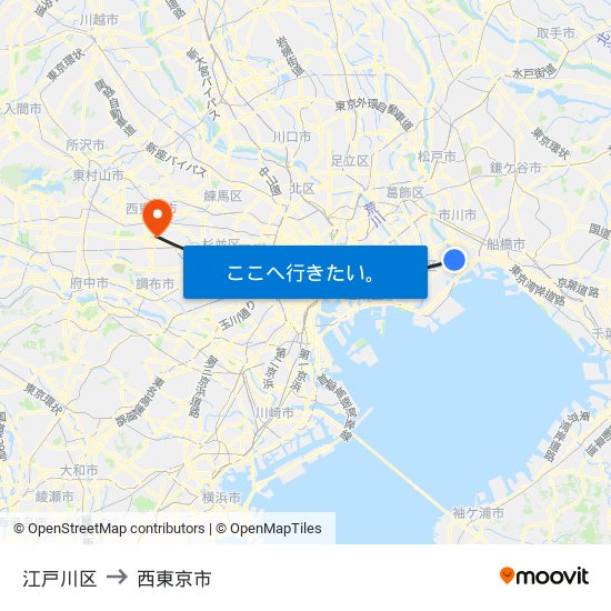 江戸川区 to 西東京市 map