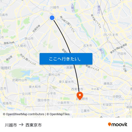 川越市 to 西東京市 map