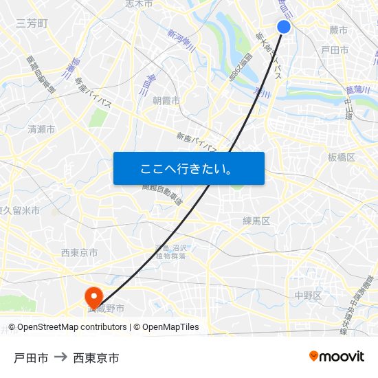 戸田市 to 西東京市 map