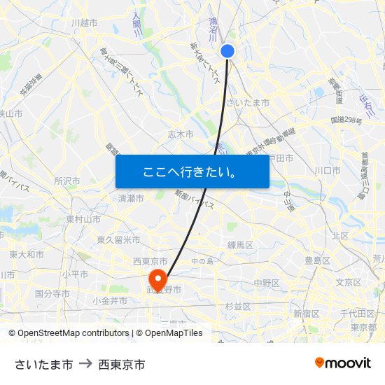 さいたま市 to 西東京市 map