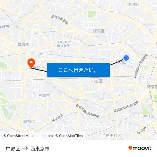 中野区 to 西東京市 map