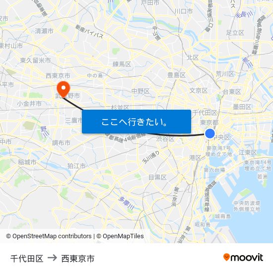 千代田区 to 西東京市 map