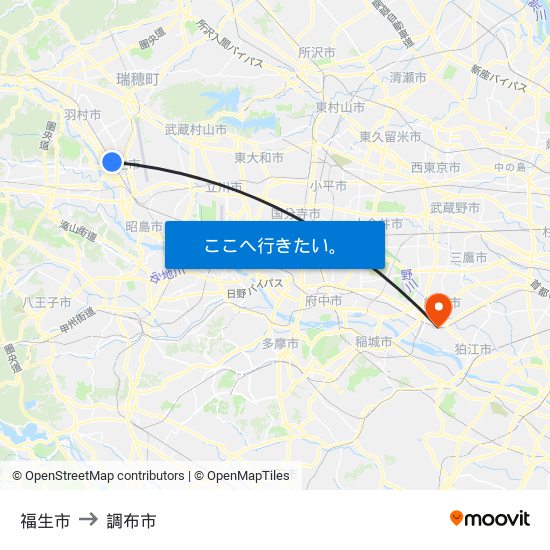 福生市 to 調布市 map