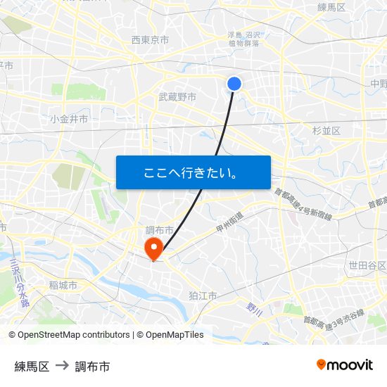 練馬区 to 調布市 map