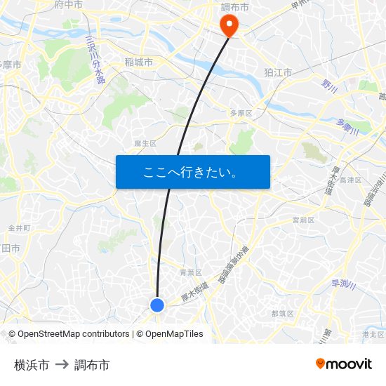 横浜市 to 調布市 map