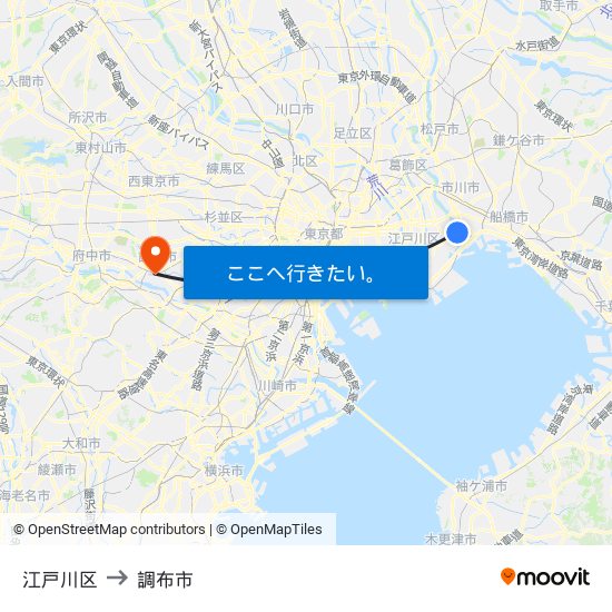 江戸川区 to 調布市 map