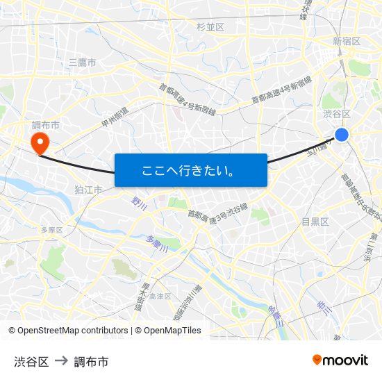 渋谷区 to 調布市 map