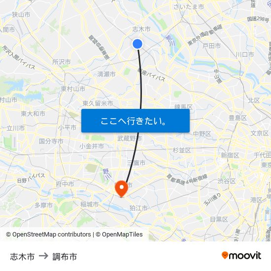 志木市 to 調布市 map