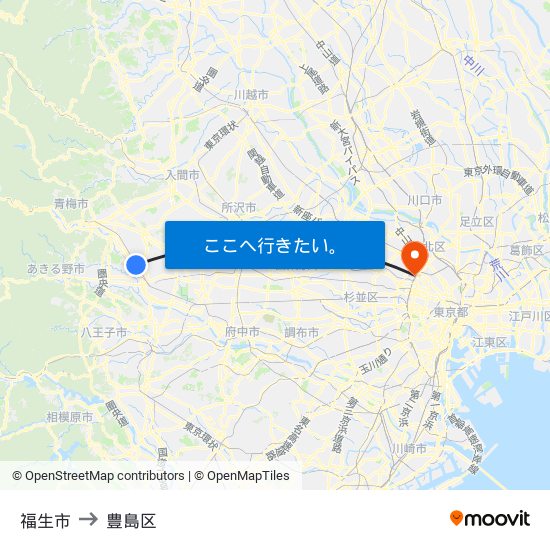 福生市 to 豊島区 map