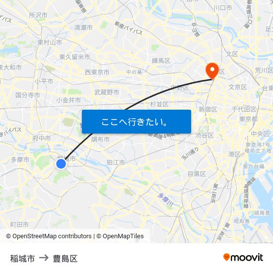 稲城市 to 豊島区 map