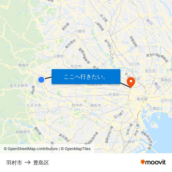 羽村市 to 豊島区 map