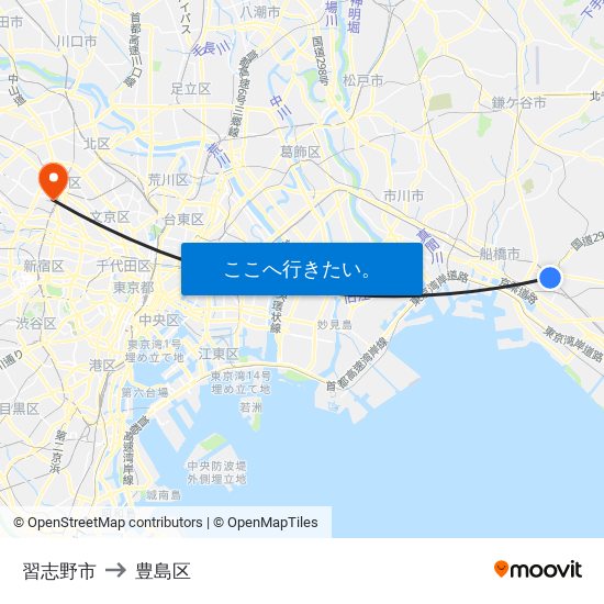 習志野市 to 豊島区 map