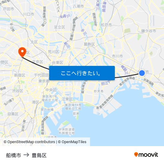 船橋市 to 豊島区 map