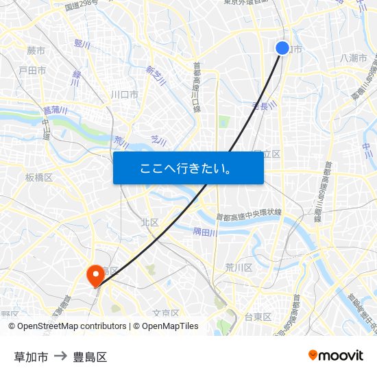 草加市 to 豊島区 map