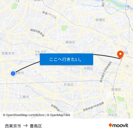 西東京市 to 豊島区 map