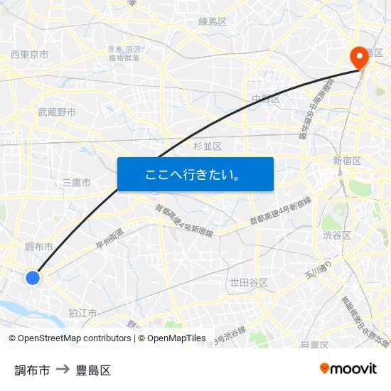 調布市 to 豊島区 map
