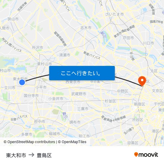 東大和市 to 豊島区 map