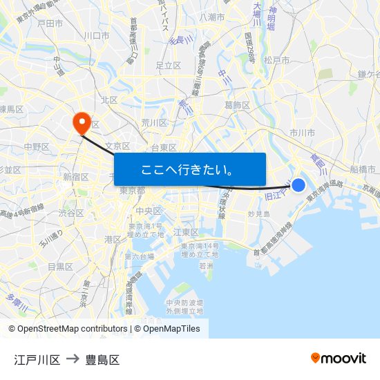 江戸川区 to 豊島区 map