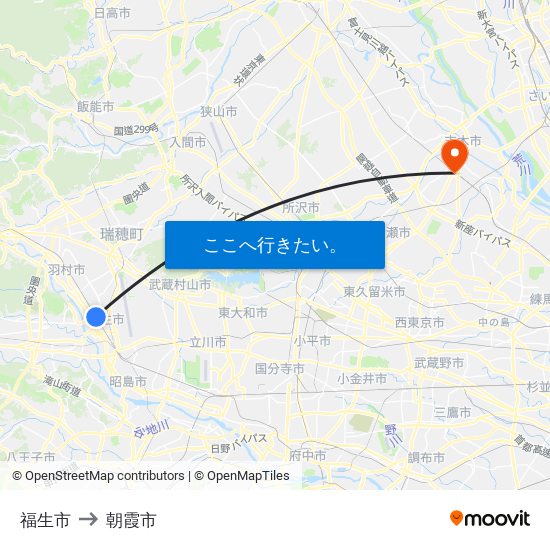 福生市 to 朝霞市 map