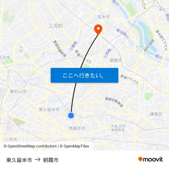 東久留米市 to 朝霞市 map