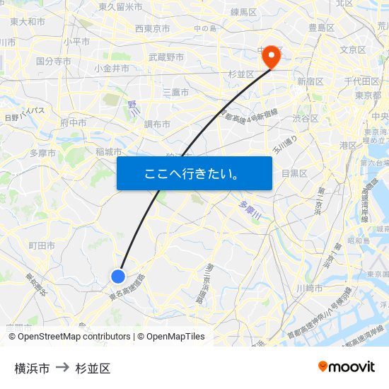 横浜市 to 杉並区 map