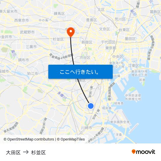 大田区 to 杉並区 map