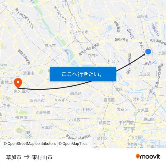 草加市 to 東村山市 map