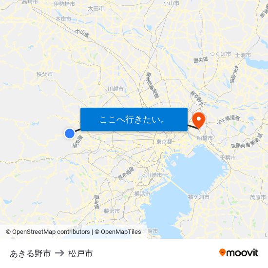 あきる野市 to 松戸市 map