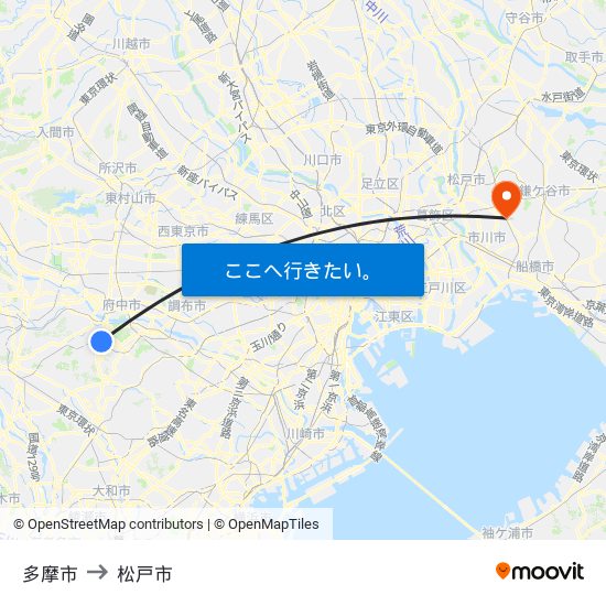多摩市 to 松戸市 map
