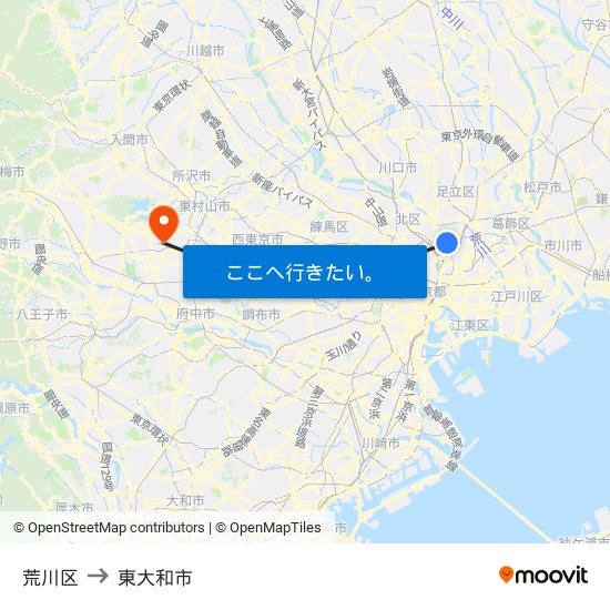 荒川区 to 東大和市 map