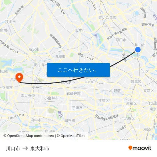 川口市 to 東大和市 map