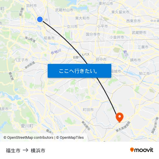 福生市 to 横浜市 map