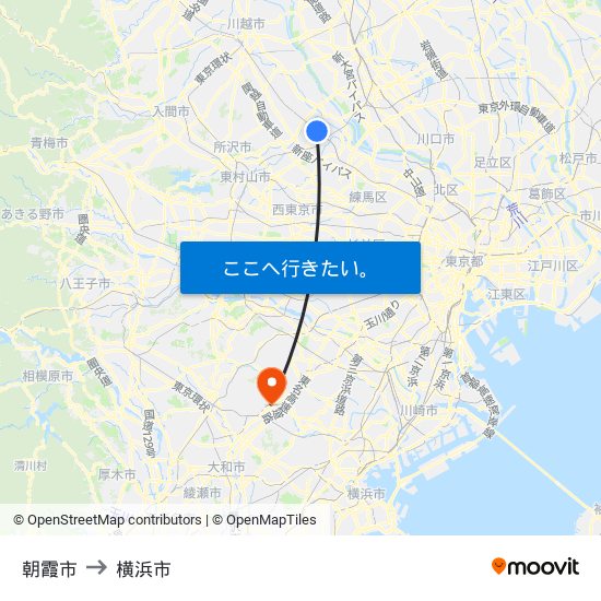 朝霞市 to 横浜市 map