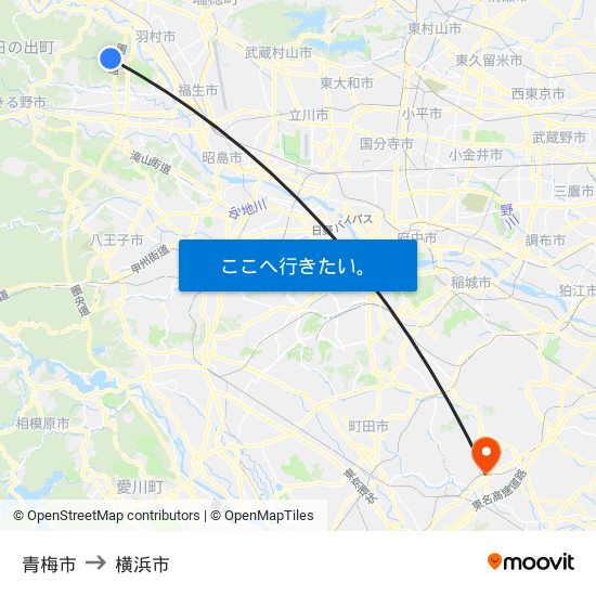 青梅市 to 横浜市 map