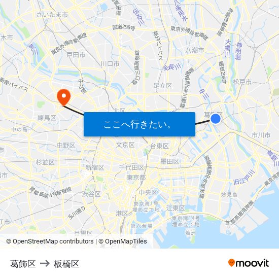 葛飾区 to 板橋区 map