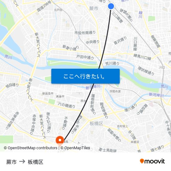 蕨市 to 板橋区 map