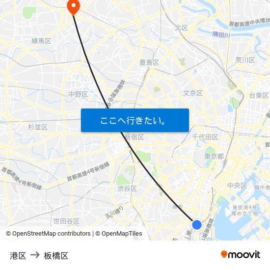 港区 to 板橋区 map