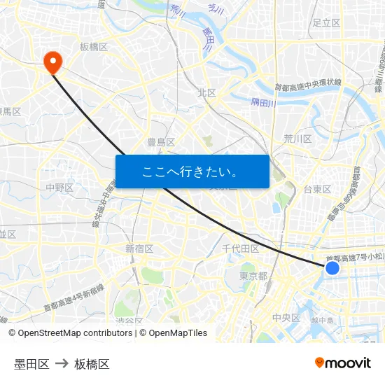 墨田区 to 板橋区 map