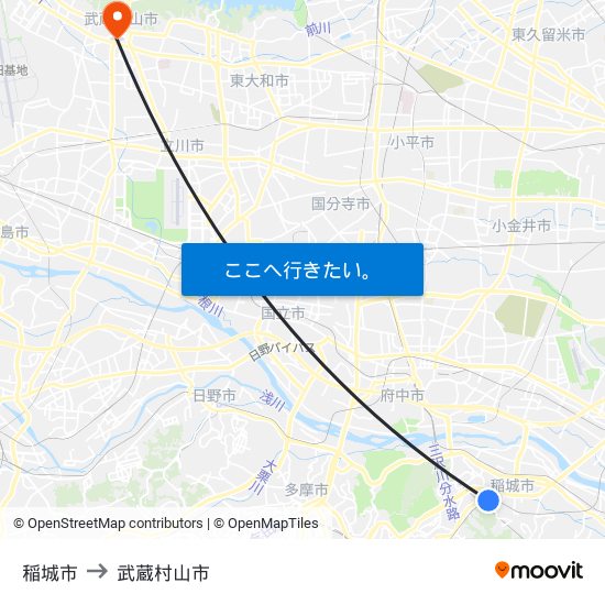 稲城市 to 武蔵村山市 map