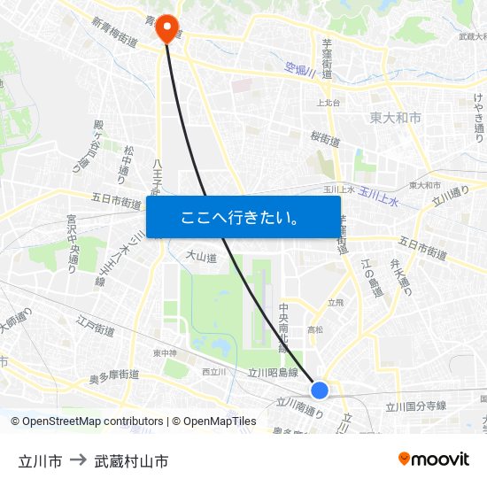 立川市 to 武蔵村山市 map