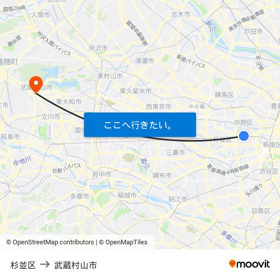 杉並区 to 武蔵村山市 map