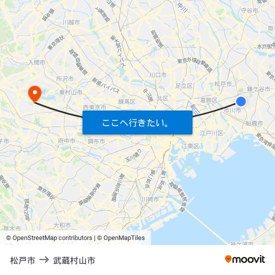 松戸市 to 武蔵村山市 map