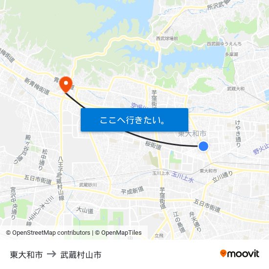 東大和市 to 武蔵村山市 map