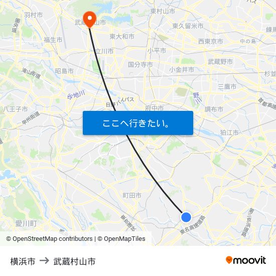 横浜市 to 武蔵村山市 map
