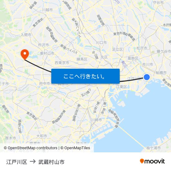 江戸川区 to 武蔵村山市 map