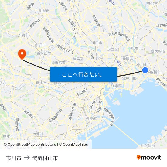 市川市 to 武蔵村山市 map