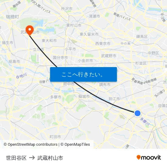 世田谷区 to 武蔵村山市 map