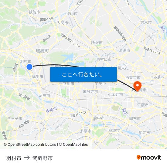 羽村市 to 武蔵野市 map